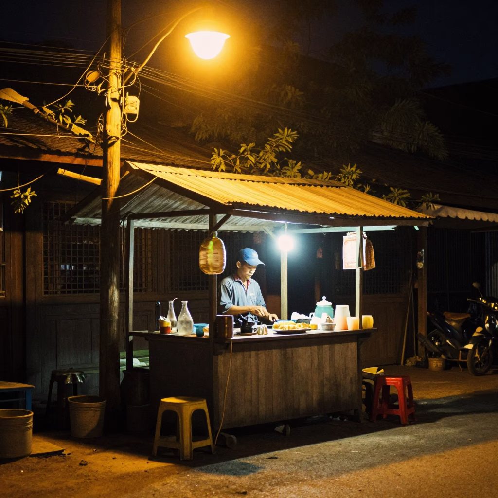 Late Night Luang Prabang Street Scene with Coffee Grinder and Glass Bottle in in Luang Prabang, Laos