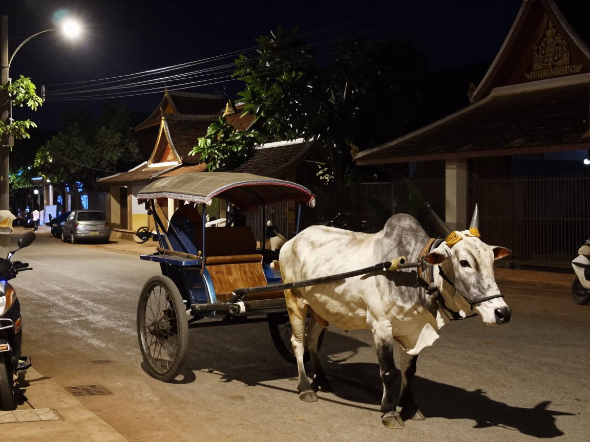 Late Night Luang Prabang Street Scene with Ox Cart and Local Market Activity in in Luang Prabang, Laos