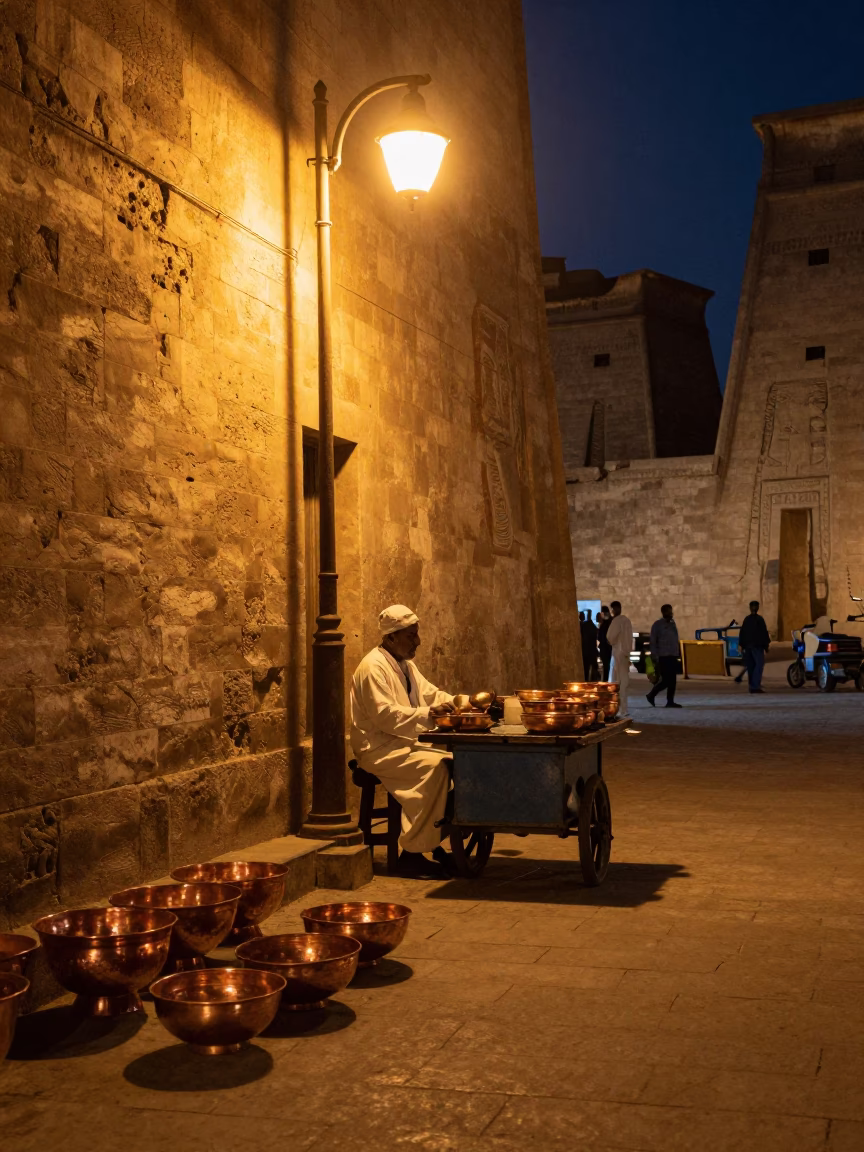 Late Night Luxor Street Scene with Copper Bowls and Ladle in Egypt in in Luxor, Egypt