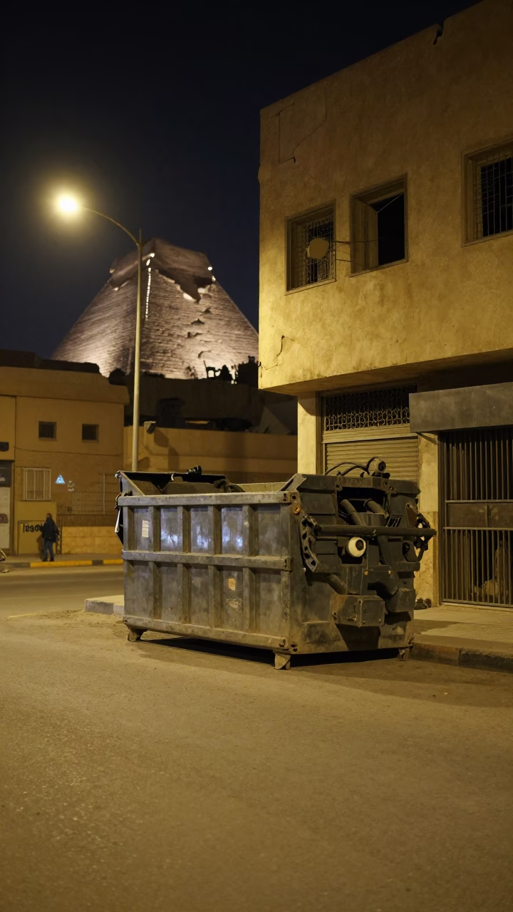 Late Night Luxor Street Scene with Demolition Dumpster and Storefront in in Luxor, Egypt
