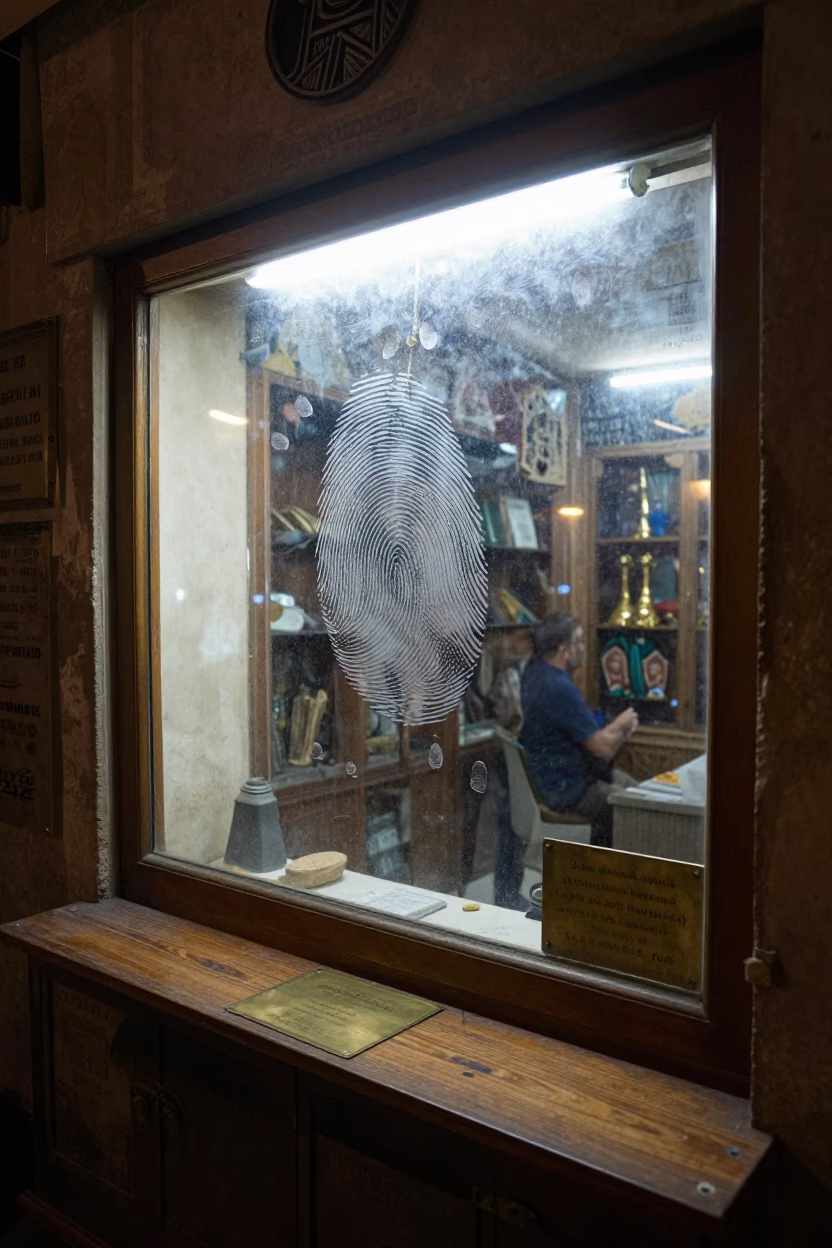 Late Night Luxor Street Scene with Fingerprinted Window Glass and Brass Plate in in Luxor, Egypt