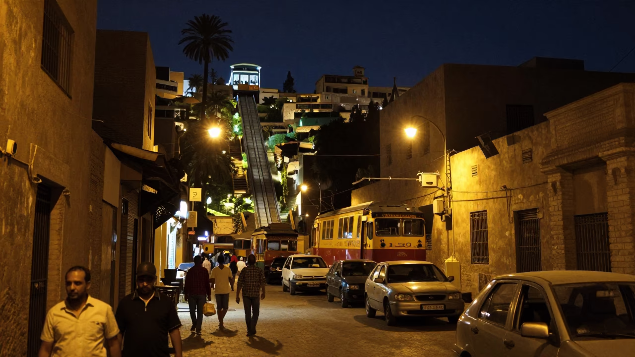 Late Night Luxor Street Scene with Funicular and Terraced Gardens in Egypt in in Luxor, Egypt