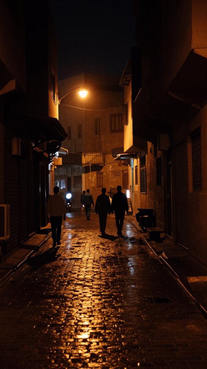 Late Night Luxor Street Scene with Grease Sheen on Drain and Cutlery in in Luxor, Egypt