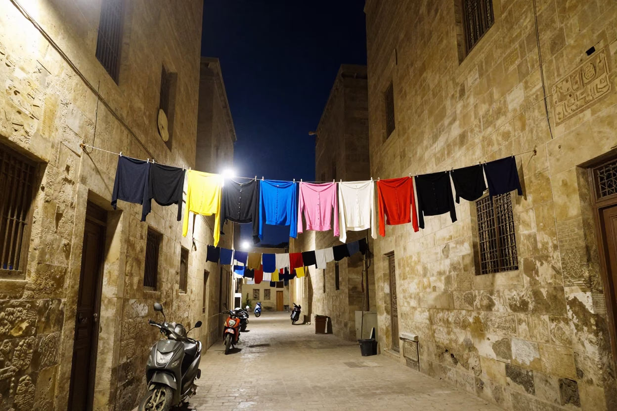 Late Night Luxor Street Scene with Hanging Laundry and Neon Signage in in Luxor, Egypt