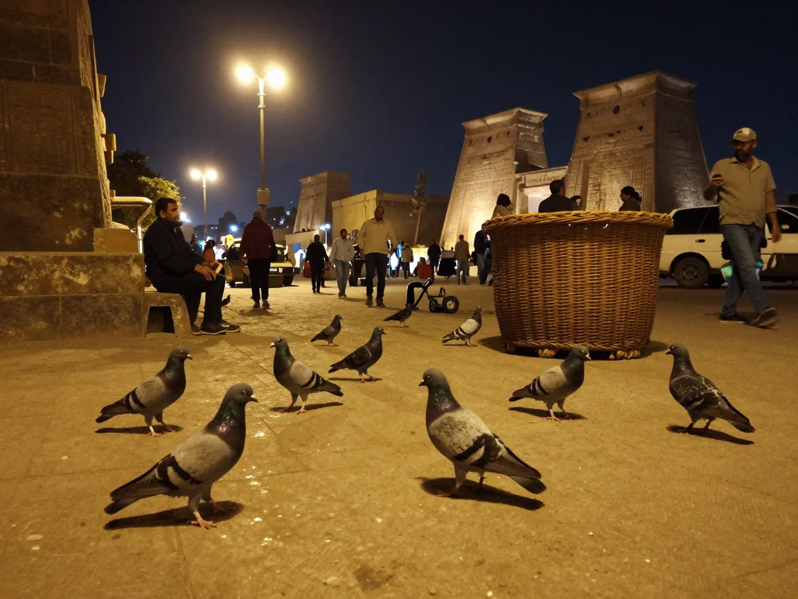 Late Night Luxor Street Scene with Pigeons and Wicker Shadows in Egypt in in Luxor, Egypt