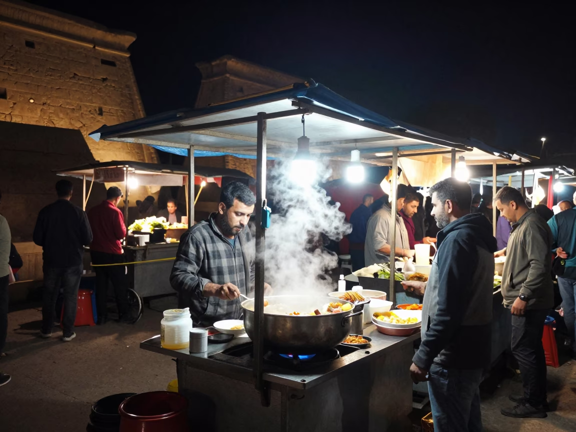 Late Night Luxor Street Scene with Steaming Food Vendor and Urban Details in in Luxor, Egypt