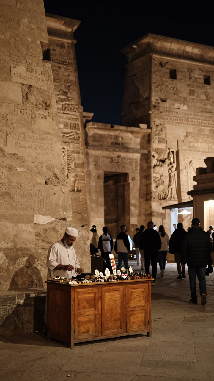 Late Night Luxor Street Scene with Stone Architecture and Fossil Artifacts in in Luxor, Egypt