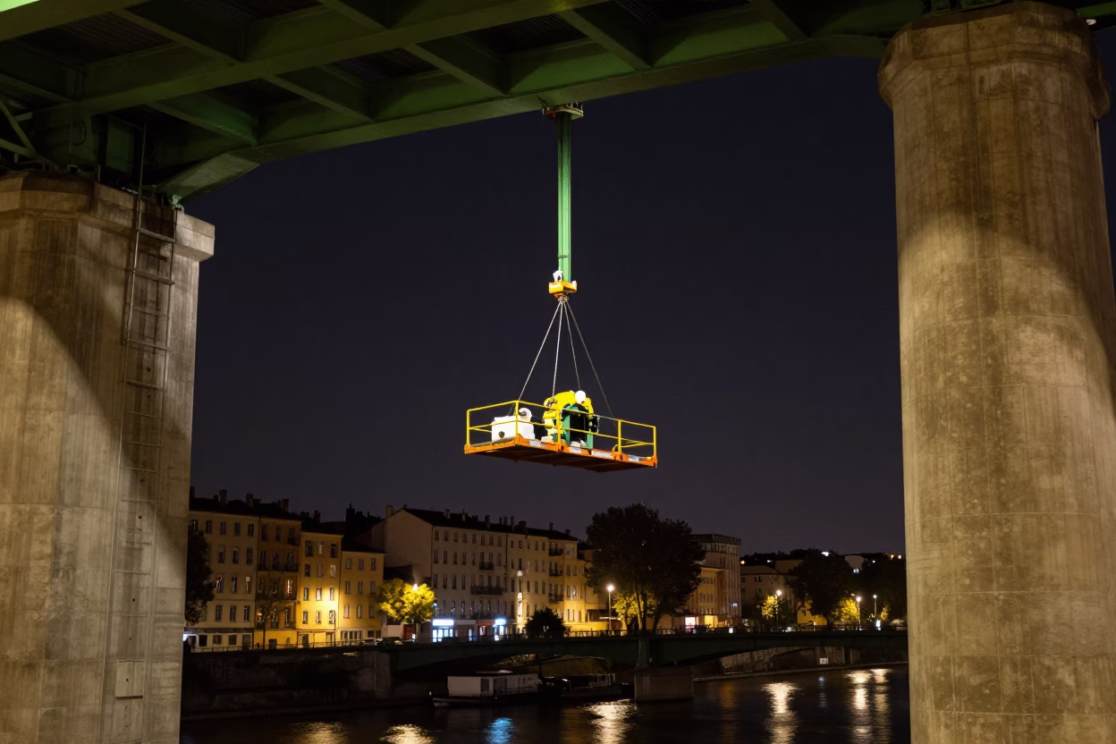 Late Night Lyon Bridge Maintenance Cradle Hanging Above Green River Water in in Lyon, France