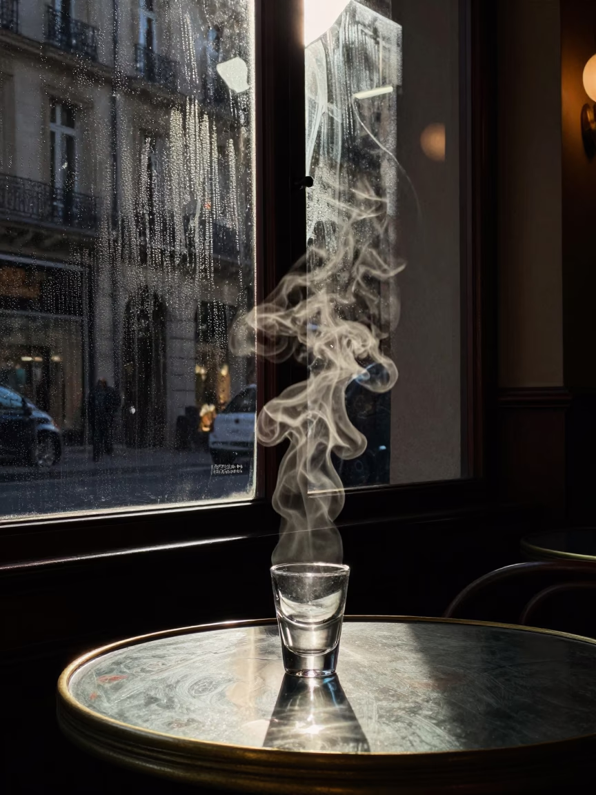 Late Night Lyon Cafe Interior with Glassware and Steam on Windows in in Lyon, France