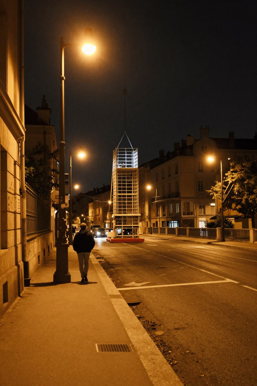 Late Night Lyon France Street Scene with Bridge Maintenance Cage and Urban Architecture in in Lyon, France