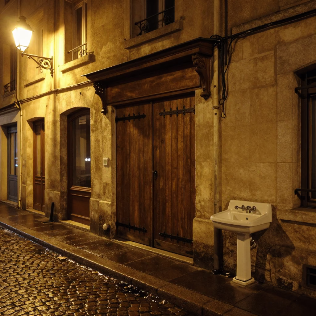 Late Night Lyon France Street Scene with Hinge and Sink Strainer Details in in Lyon, France