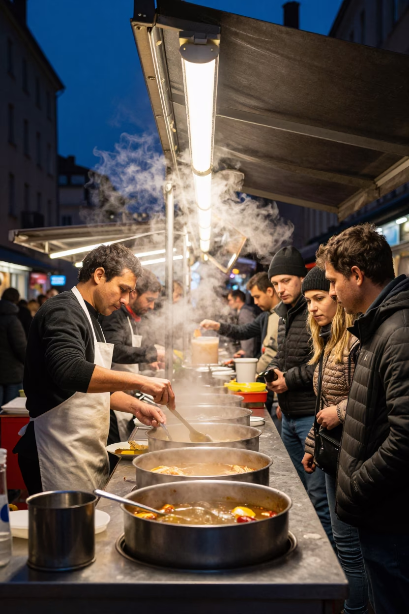 Late Night Lyon Street Food Stall with Steam and Customers at Midnight in in Lyon, France