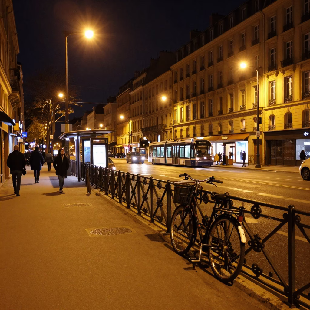 Late Night Lyon Street Scene with Bicycle and Urban Reflections in in Lyon, France