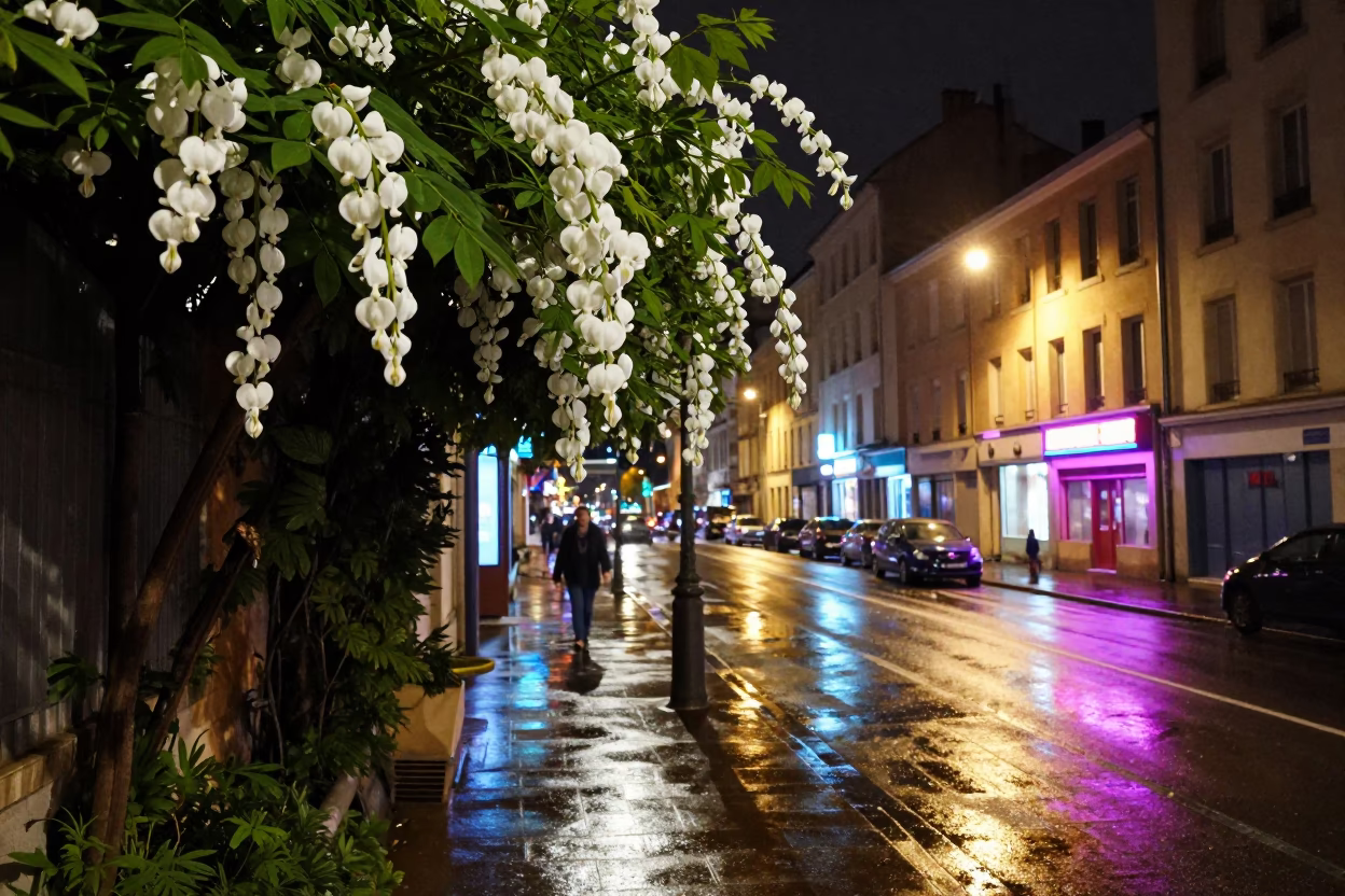 Late Night Lyon Street Scene with Bleeding Heart Vine and Neon Reflections in in Lyon, France