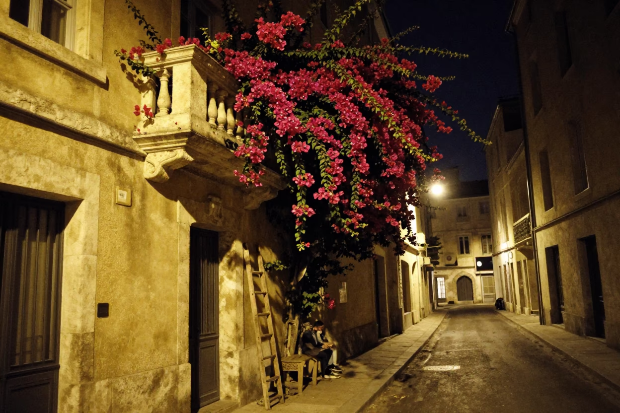 Late Night Lyon Street Scene with Bougainvillea and Ladder Chair in in Lyon, France