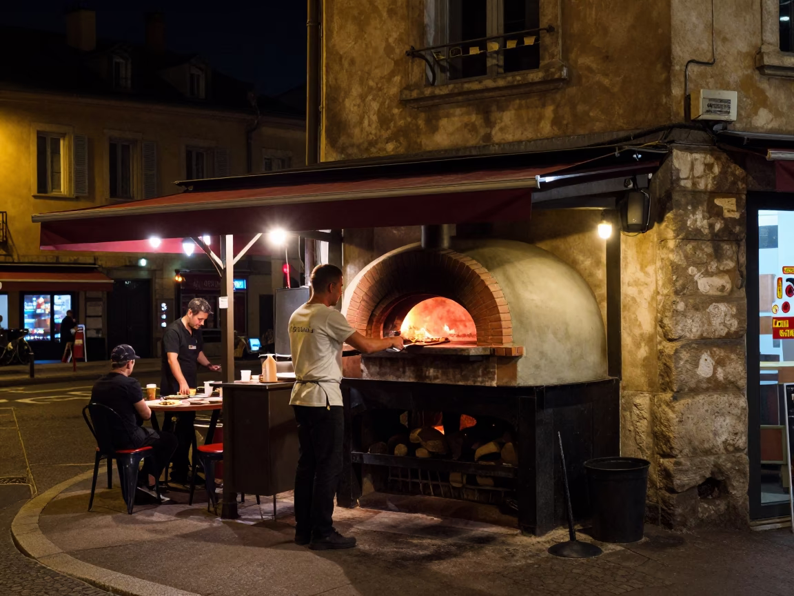 Late Night Lyon Street Scene with Brick Oven Pizza and Ceramic Pitcher in in Lyon, France