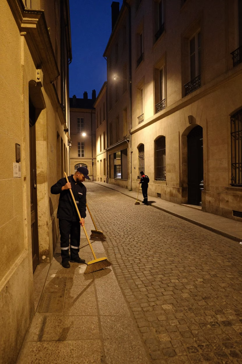 Late Night Lyon Street Scene with Brooms and Cobblestone Alleys in in Lyon, France