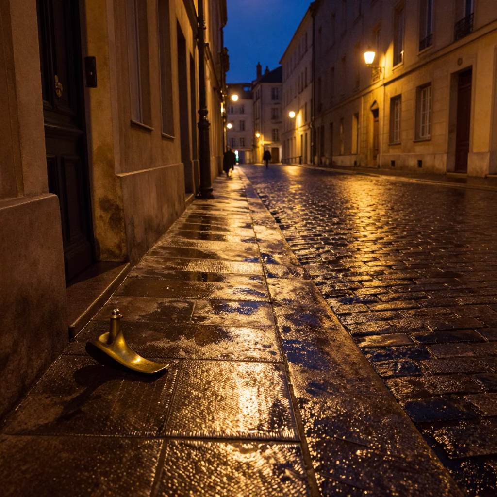 Late Night Lyon Street Scene with Brushed Steel Tile and Porcelain Jar in in Lyon, France