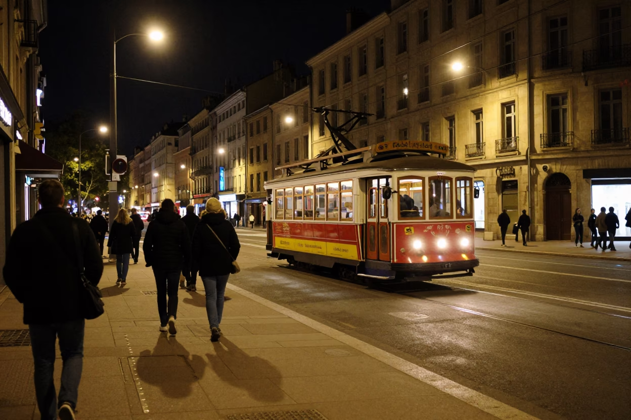 Late Night Lyon Street Scene with Cable Car and Urban Details in in Lyon, France