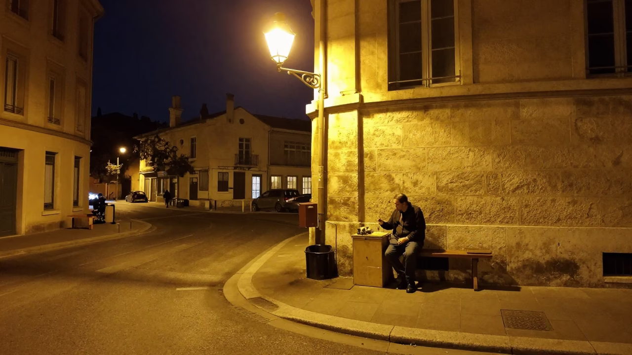 Late Night Lyon Street Scene with Clear Glass Rim and Chisel Detail in in Lyon, France