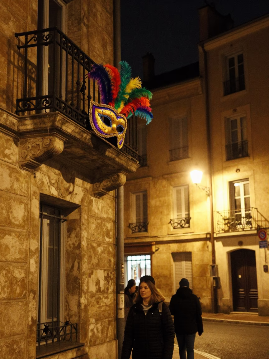 Late Night Lyon Street Scene with Colorful Mardi Gras Mask on Balcony in in Lyon, France