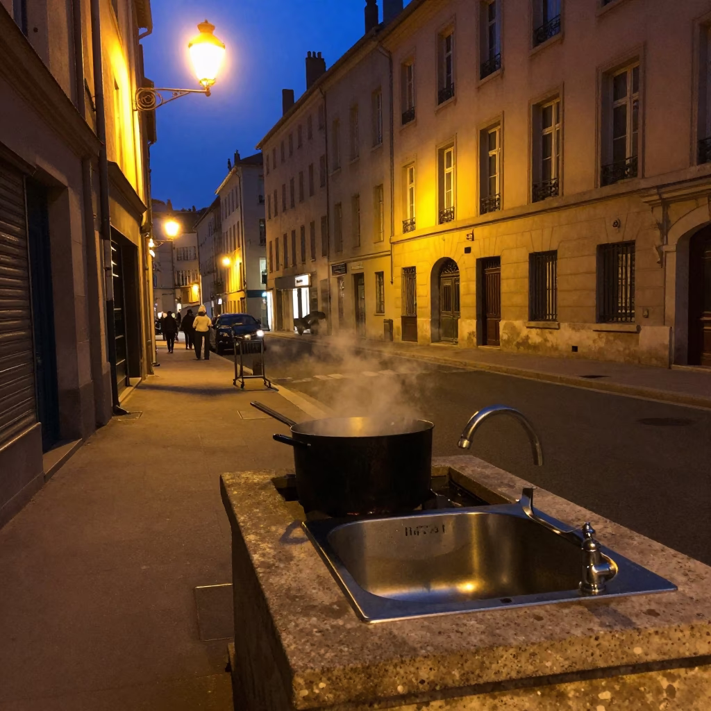 Late Night Lyon Street Scene with Cooking Pot and Sink at Midnight in France in in Lyon, France