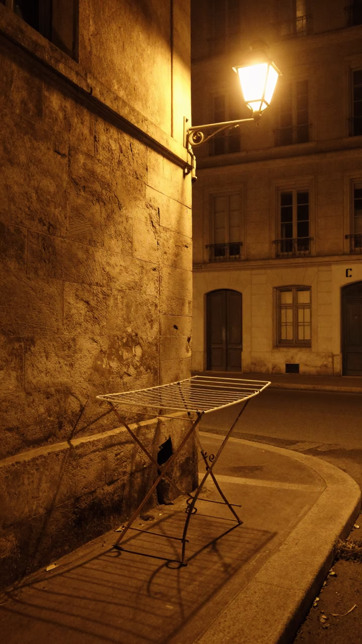 Late Night Lyon Street Scene with Drying Rack and Rusty Countertop in French Quarter in in Lyon, France