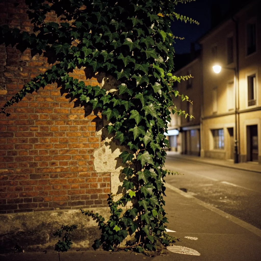 Late Night Lyon Street Scene with Ivy Brick Wall and Window Fingerprints in in Lyon, France