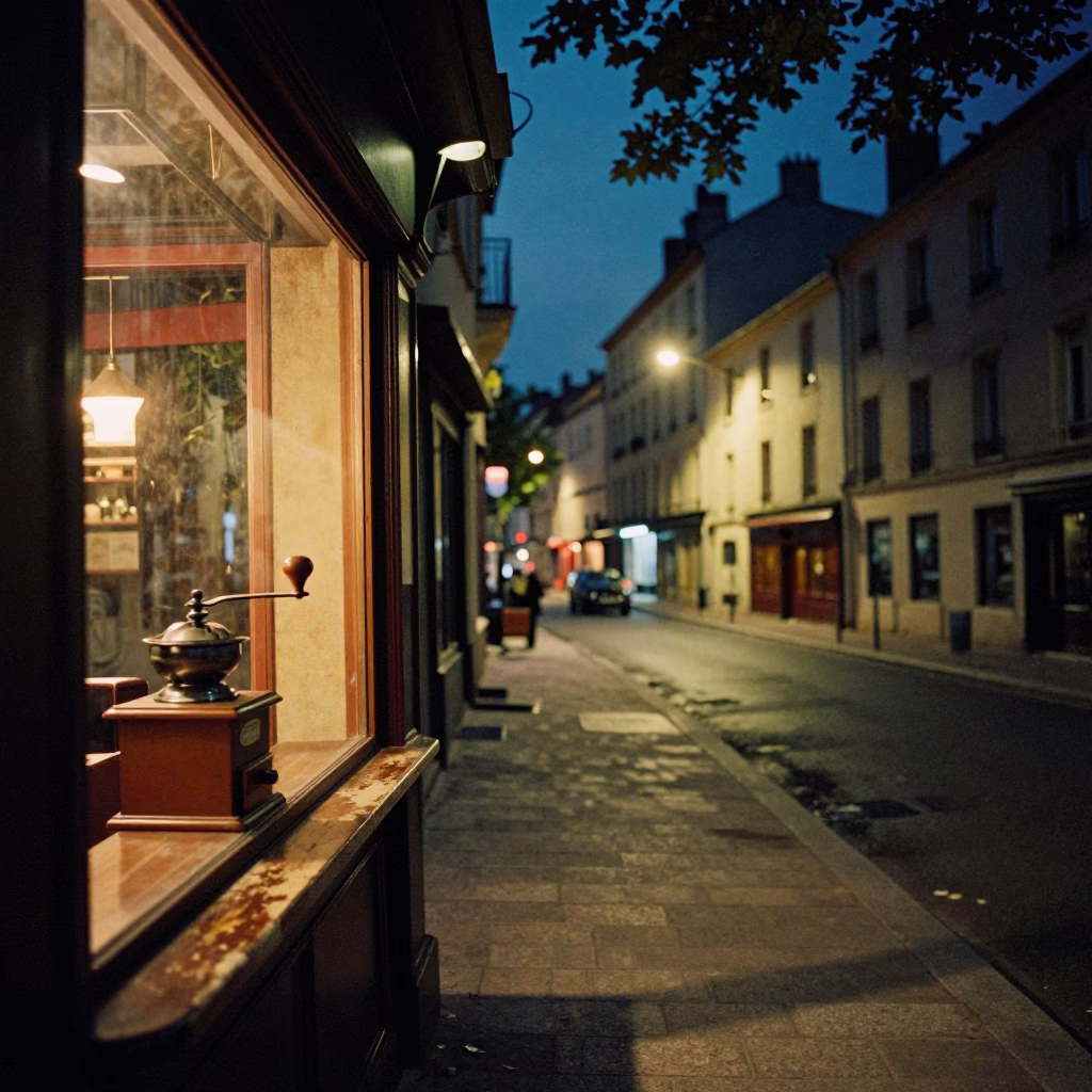 Late Night Lyon Street Scene with Leaf Shadows and Vintage Coffee Grinder in in Lyon, France