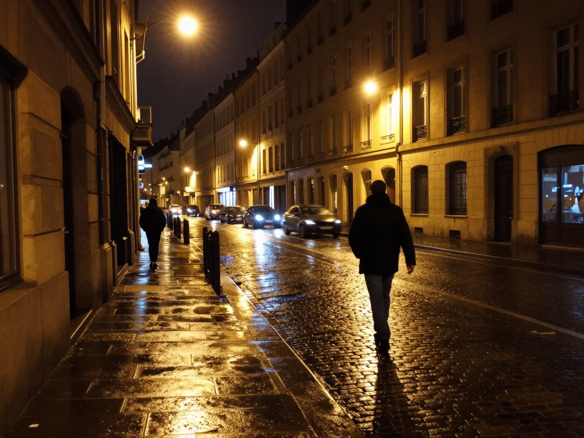 Late Night Lyon Street Scene with Paper Cup and Umbrella in in Lyon, France