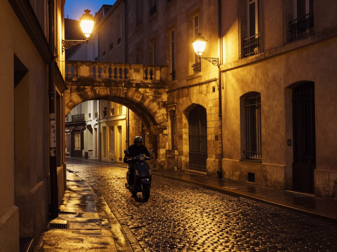 Late Night Lyon Street Scene with Scooter and Cobblestone Reflections in in Lyon, France