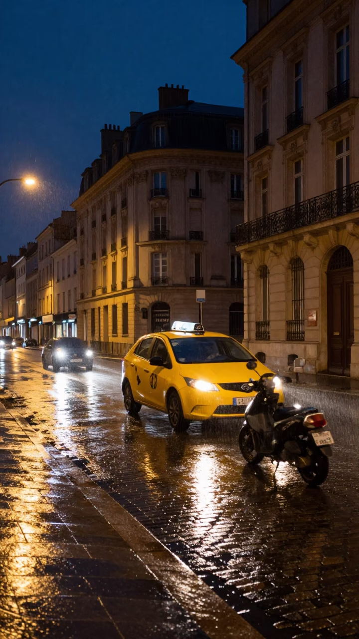 Late Night Lyon Street Scene with Scooter and Rain Slipped Yellow Taxi in in Lyon, France