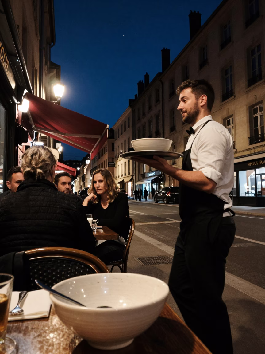 Late Night Lyon Street Scene with Scratched Bowl and Brushed Steel Tile Detail in in Lyon, France