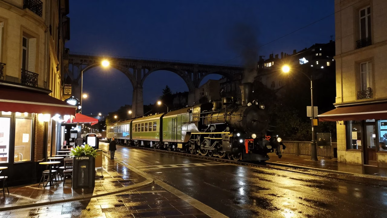 Late Night Lyon Street Scene with Steam Train Viaduct and Urban Drainage Details in in Lyon, France