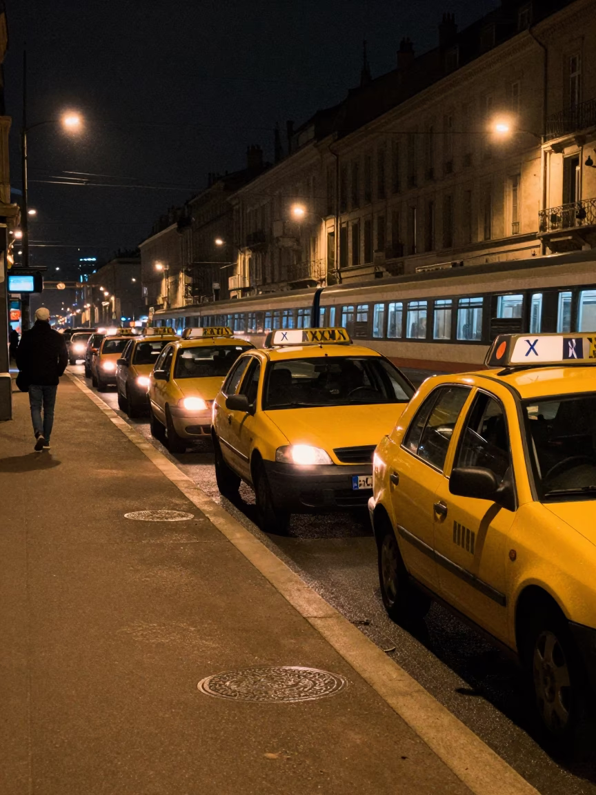 Late Night Lyon Street Scene with Taxi Rank and Drinking Vessel in in Lyon, France