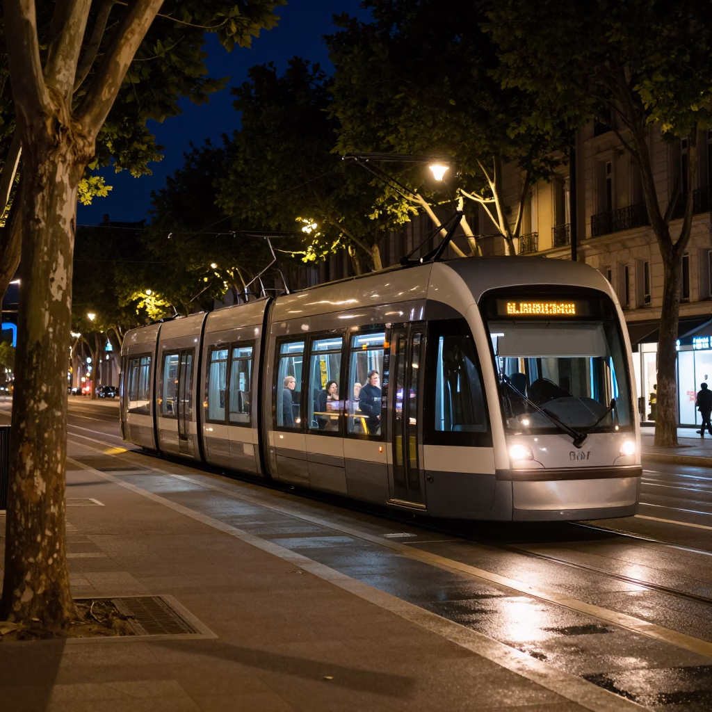 Late Night Lyon Street Scene with Tram and Books on Bench in in Lyon, France