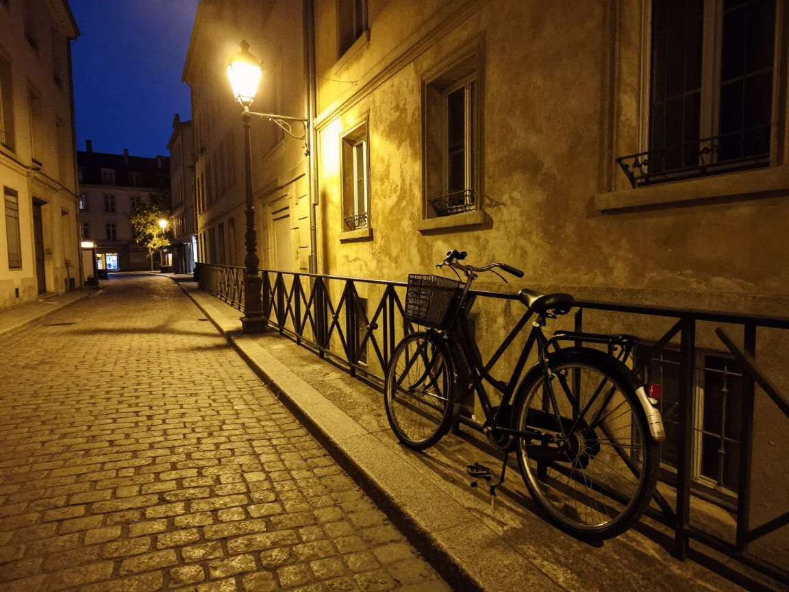 Late Night Lyon Street Scene with Vintage Bicycle and Glass Bottle in in Lyon, France