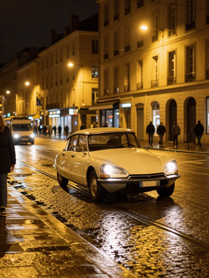 Late Night Lyon Street Scene with Vintage Car and Neon Signage in in Lyon, France