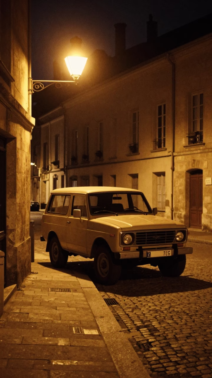 Late Night Lyon Street Scene with Vintage Car and Street Vendor Food Cart in in Lyon, France