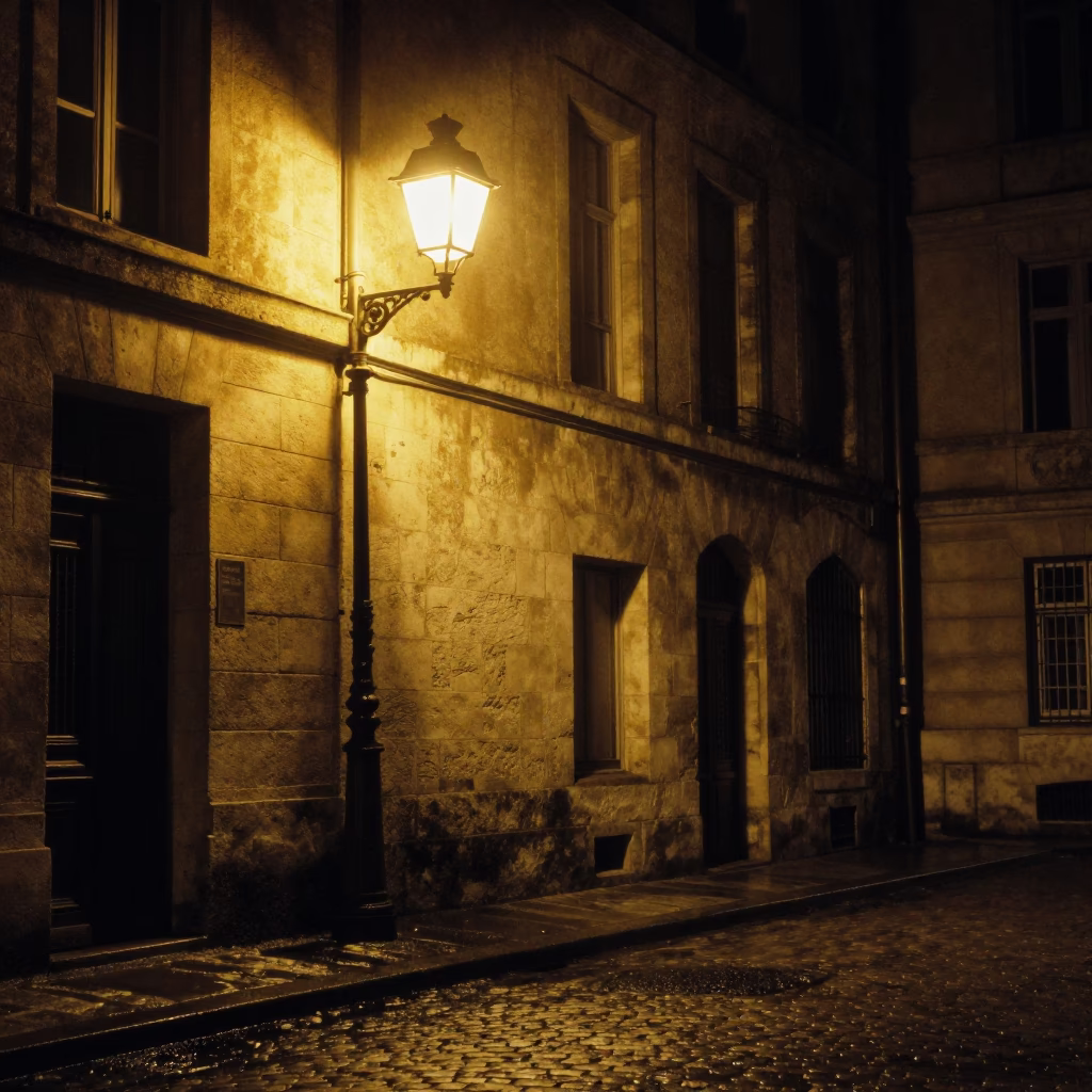 Late Night Lyon Street Scene with Vintage Lampshade and Urban Details in in Lyon, France