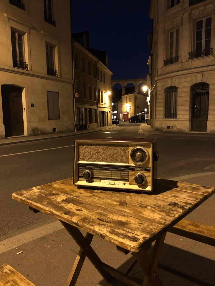 Late Night Lyon Street Scene with Vintage Radio and Coffee Tin on Cobblestone Table in in Lyon, France