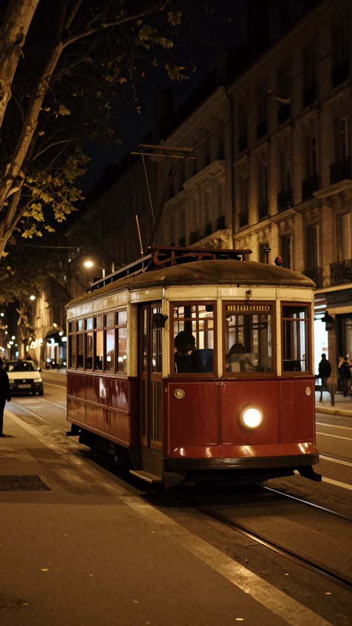 Late Night Lyon Street Scene with Vintage Trolley and Wool Scarves in in Lyon, France