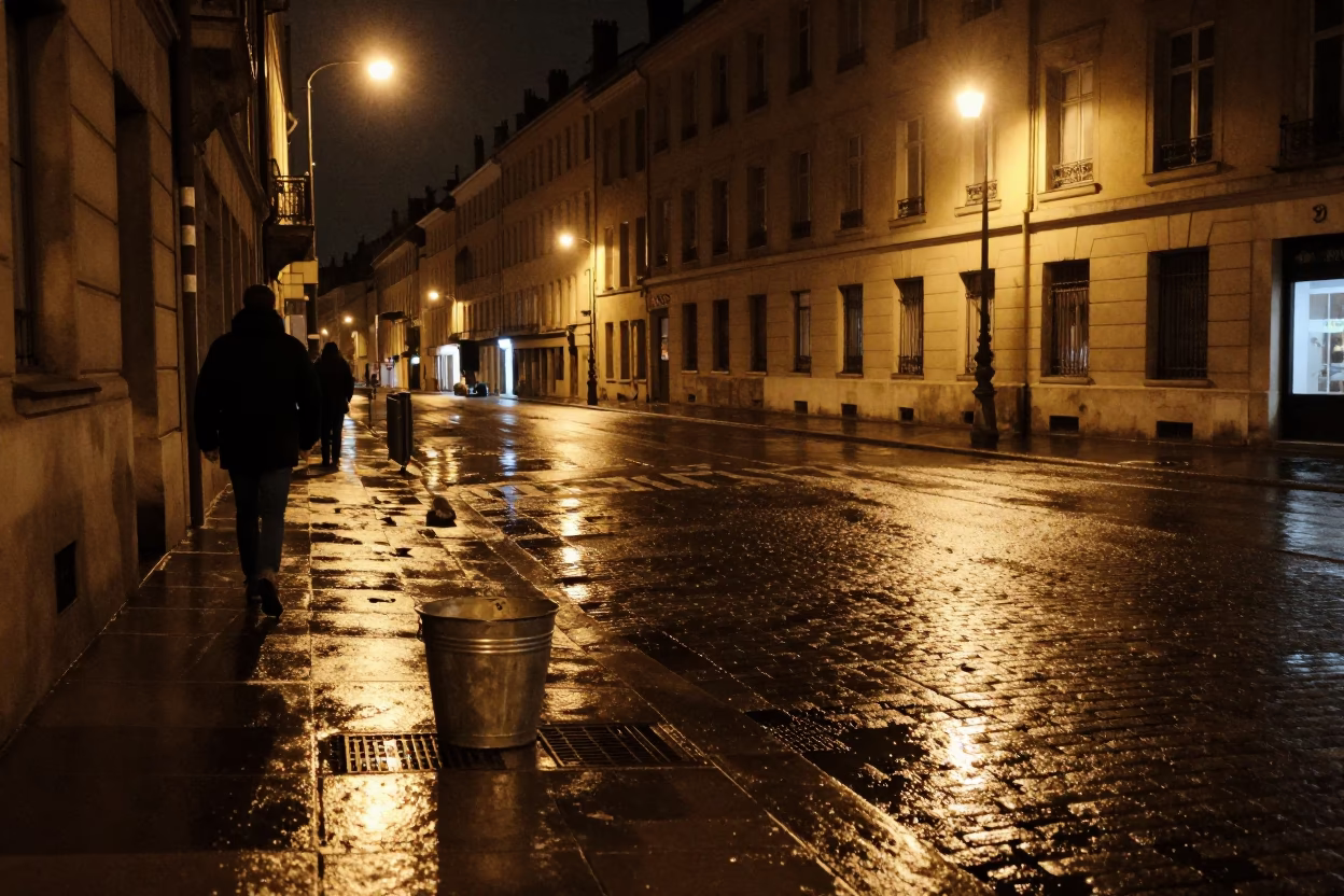 Late Night Lyon Street Scene with Wet Pavement Reflections and Urban Infrastructure in in Lyon, France