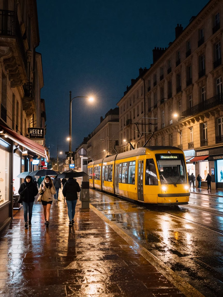 Late Night Lyon Street Scene with Yellow Tram and Wet Cobblestones in in Lyon, France
