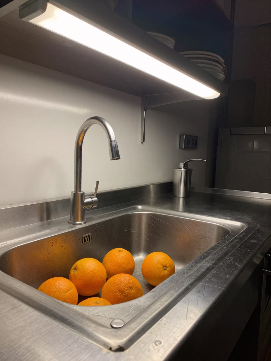 Late Night Madrid Kitchen Scene with Oranges and Scratched Sink in Spain in in Madrid, Spain