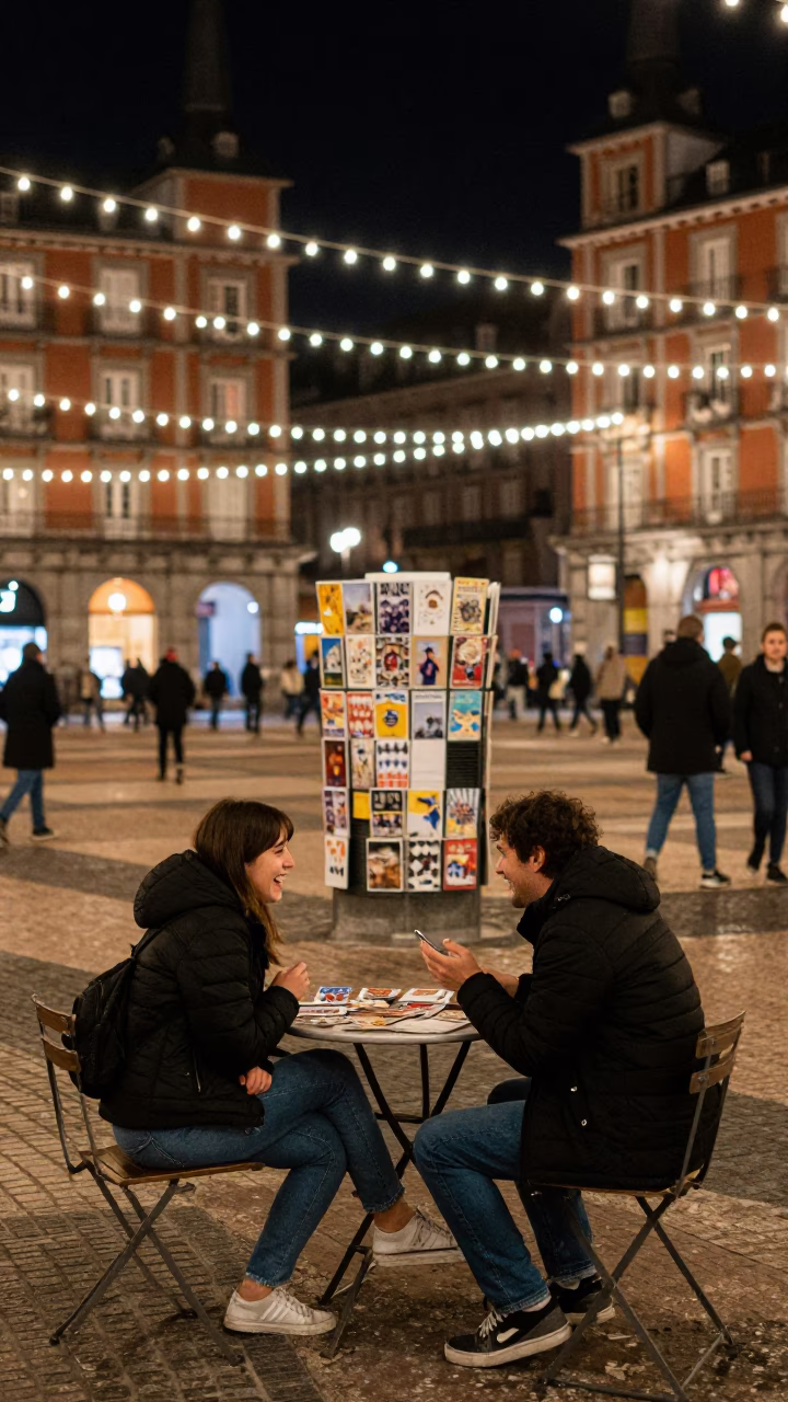 Late Night Madrid Plaza with String Lights and Postcards at Outdoor Cafe in in Madrid, Spain
