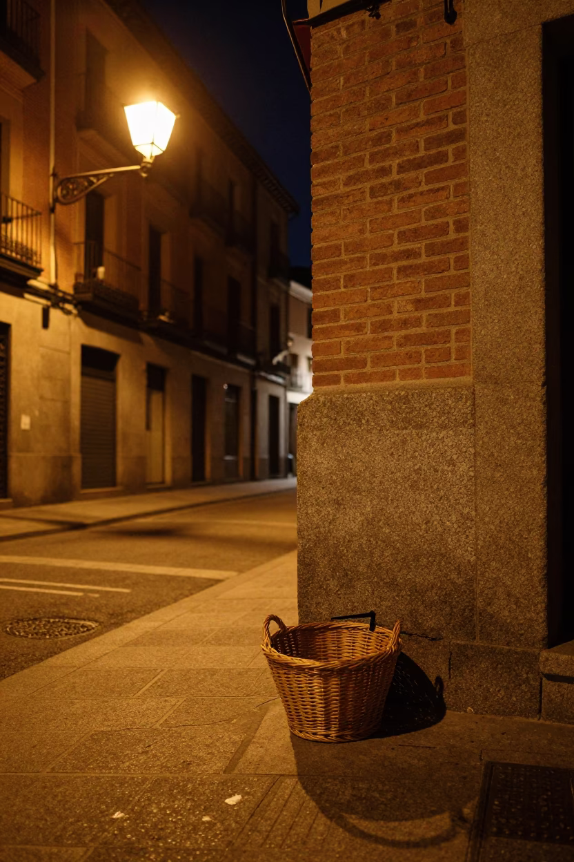 Late Night Madrid Street Corner with Basket and Peg Rail Under Streetlamp in in Madrid, Spain