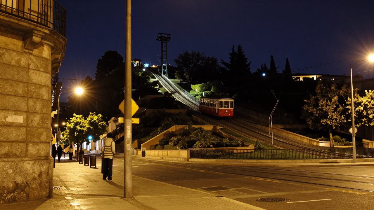 Late Night Madrid Street Corner with Funicular View and Blue Porcelain Jar in in Madrid, Spain
