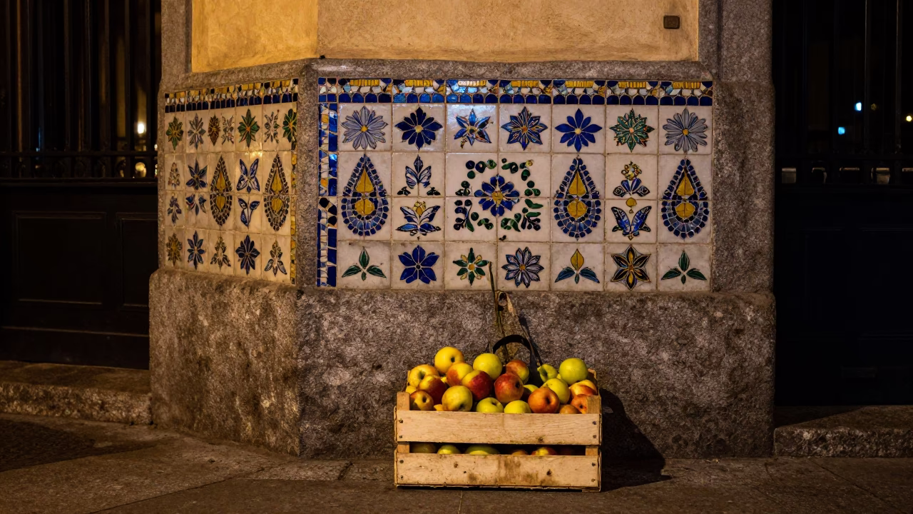 Late Night Madrid Street Corner with Mosaic Tiles and Fruit Crate in in Madrid, Spain
