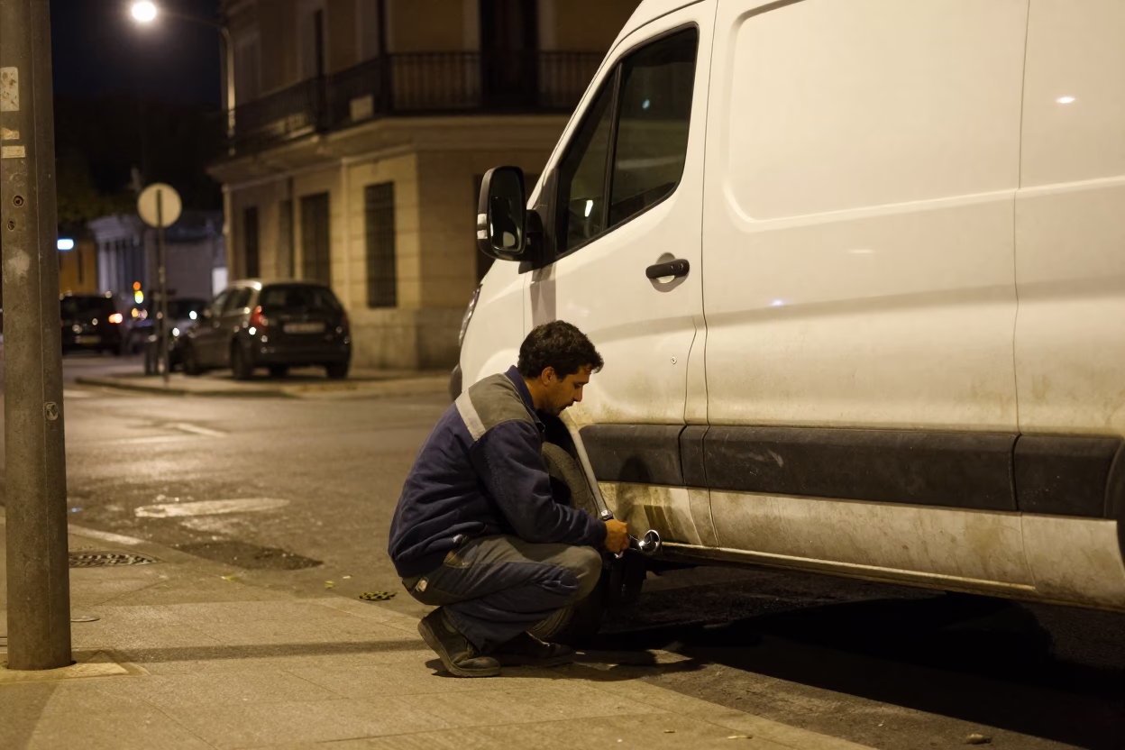 Late Night Madrid Street Scene with Adjustable Spanner and Mossy Trunk Details in in Madrid, Spain